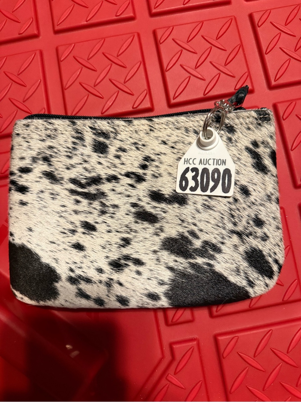 Holy Cow Couture Cowhide Zip Pouch - Black & White HOH Red leather back